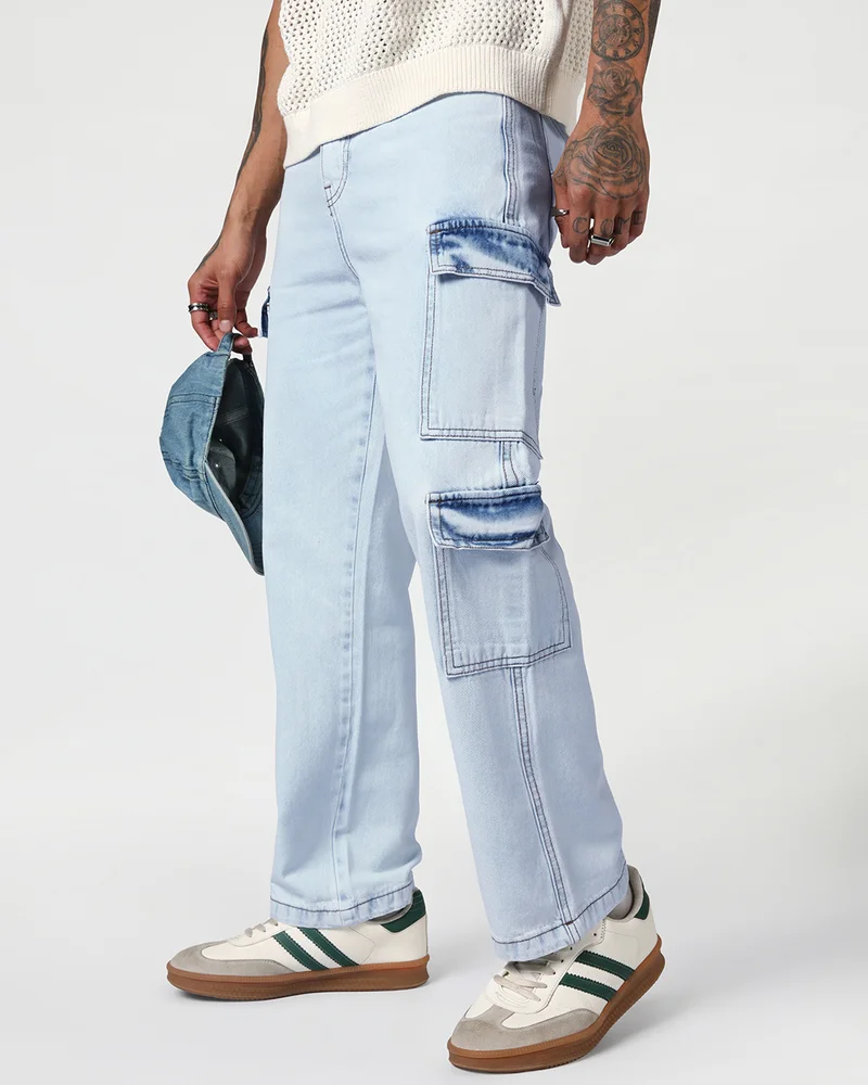 بيواكوف Men's Blue Washed Straight Fit Cargo Jeans