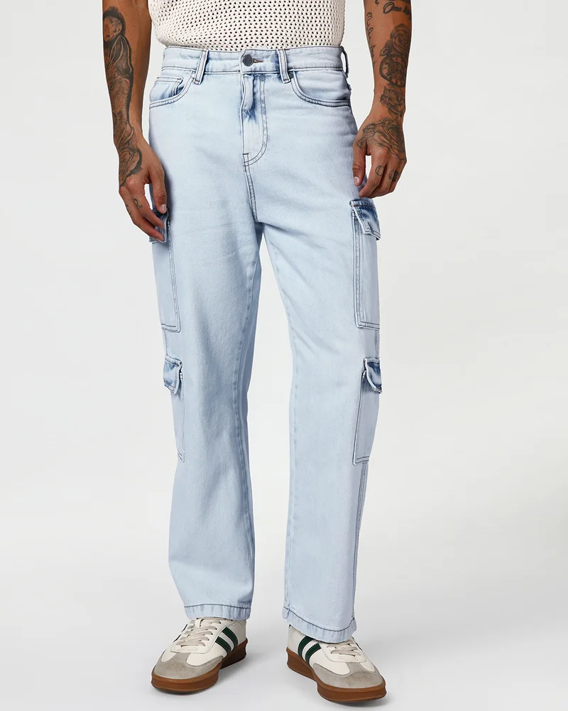 بيواكوف Men's Blue Washed Straight Fit Cargo Jeans