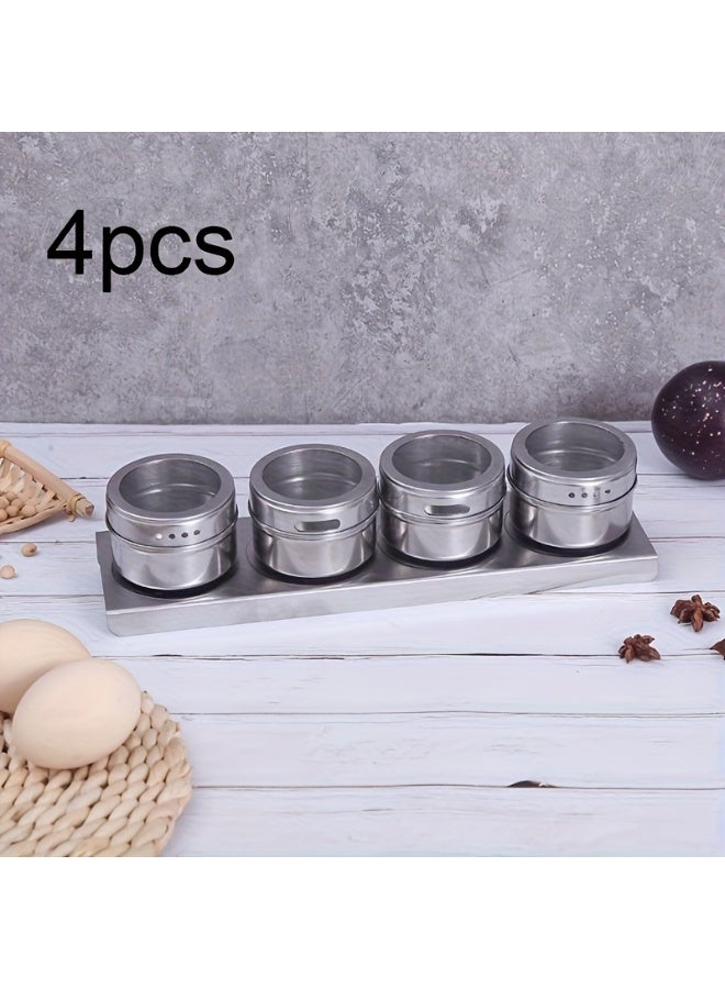 4 Pcs Magnetic Spice Jars with Metal Backing,Wall Mounted Stainless Steel Spice Tins, Excellent Sealing Seasoning Container, Rust-proof Conditment Storage Jar,for Home Kitchen Restaurant BBQ - Image 1