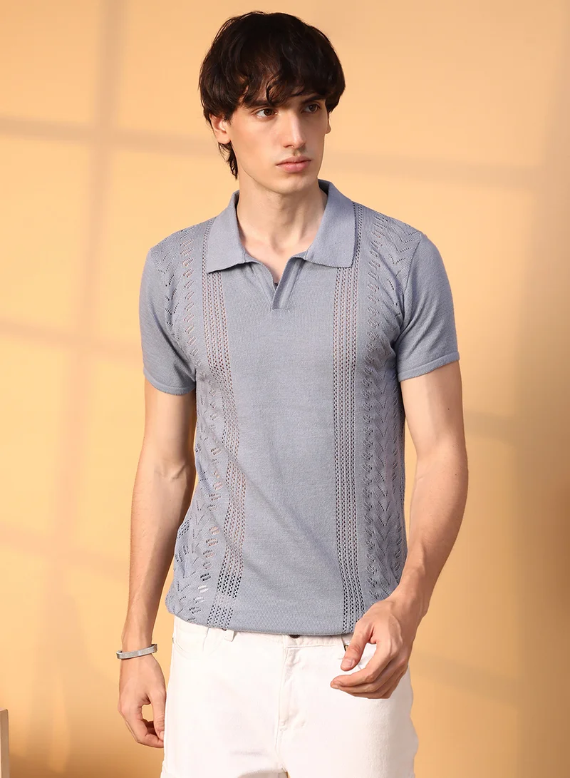 Campus Sutra Campus Sutra Men's Coin Grey Block-Textured Polo T-Shirt For Casual Wear | Polo Neck | Short Sleeve | Pull On Closure | T-Shirt Crafted With Comfort Fit For Everyday Wear