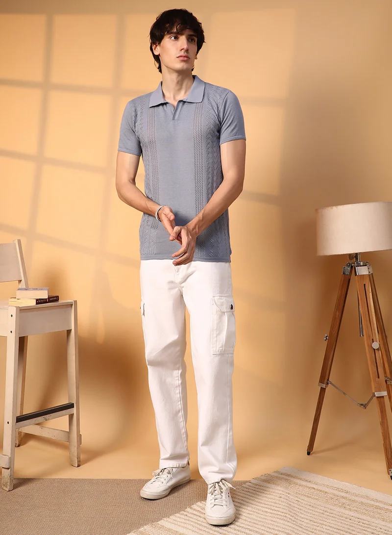 Campus Sutra Campus Sutra Men's Coin Grey Block-Textured Polo T-Shirt For Casual Wear | Polo Neck | Short Sleeve | Pull On Closure | T-Shirt Crafted With Comfort Fit For Everyday Wear