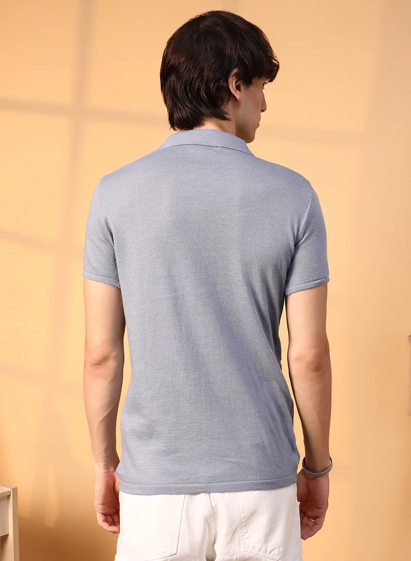 Campus Sutra Campus Sutra Men's Coin Grey Block-Textured Polo T-Shirt For Casual Wear | Polo Neck | Short Sleeve | Pull On Closure | T-Shirt Crafted With Comfort Fit For Everyday Wear