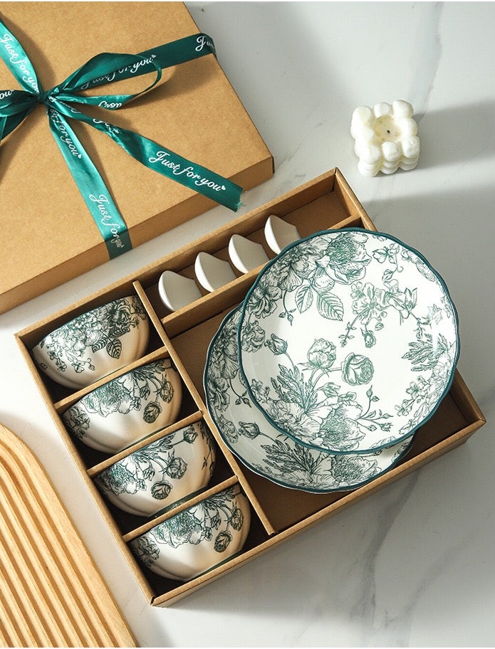 10Pcs Ceramic Dinnerware Set Gift Box | Plates,Bowls & Spoons | Elegant Floral Tableware Set |Safe for Microwave/Oven/Dishwasher Use - Image 1