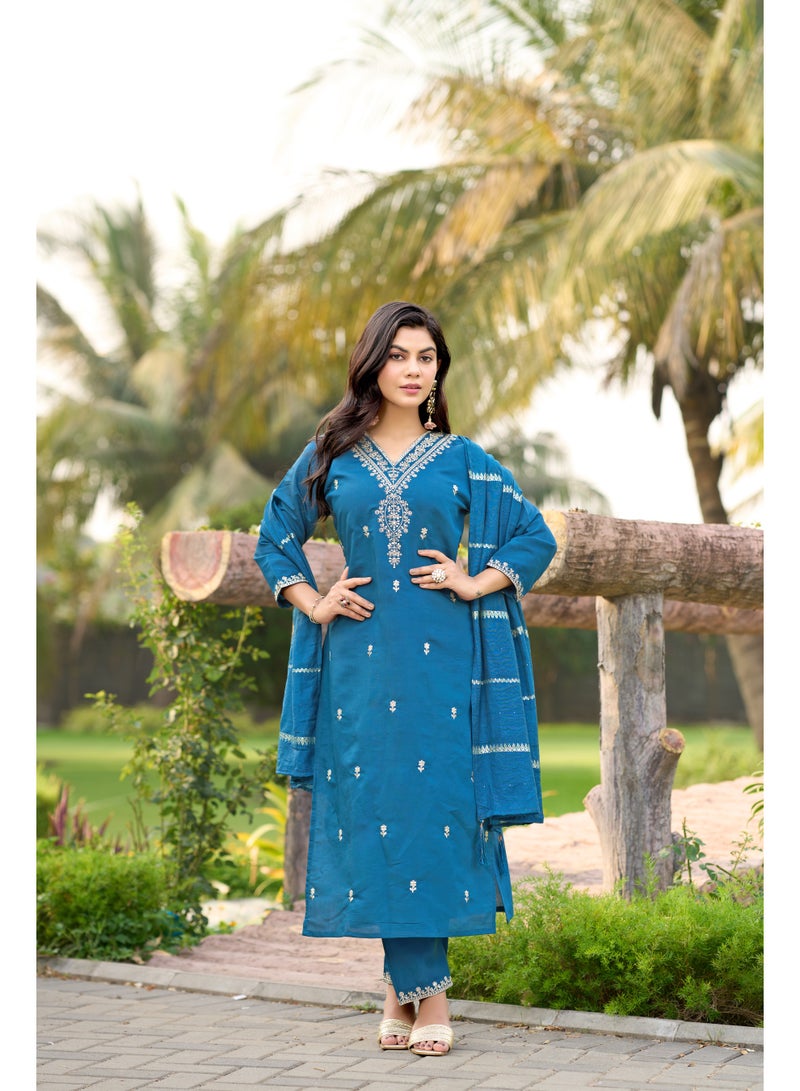 VISHVA CREATION Blue Embroidered Kurta Suit Set for Women - Image 3