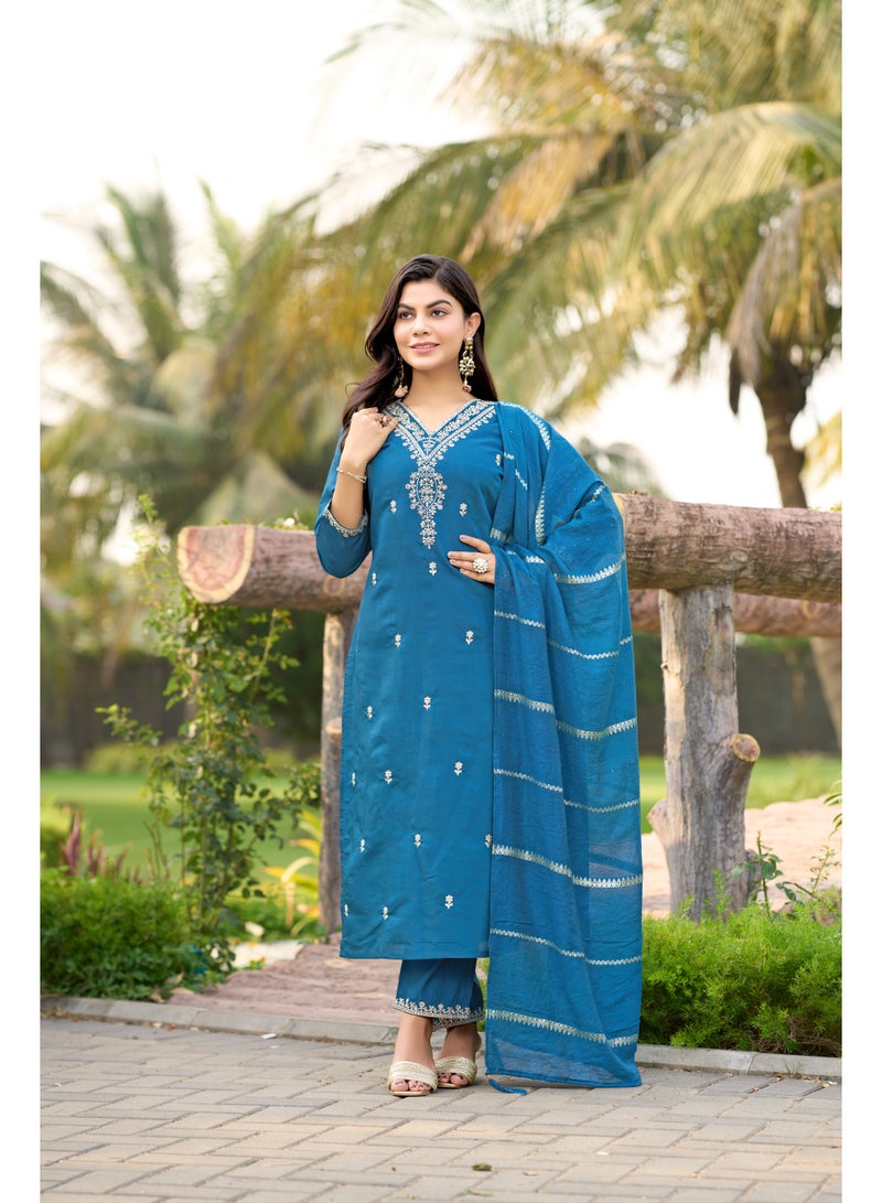 VISHVA CREATION Blue Embroidered Kurta Suit Set for Women - Image 1