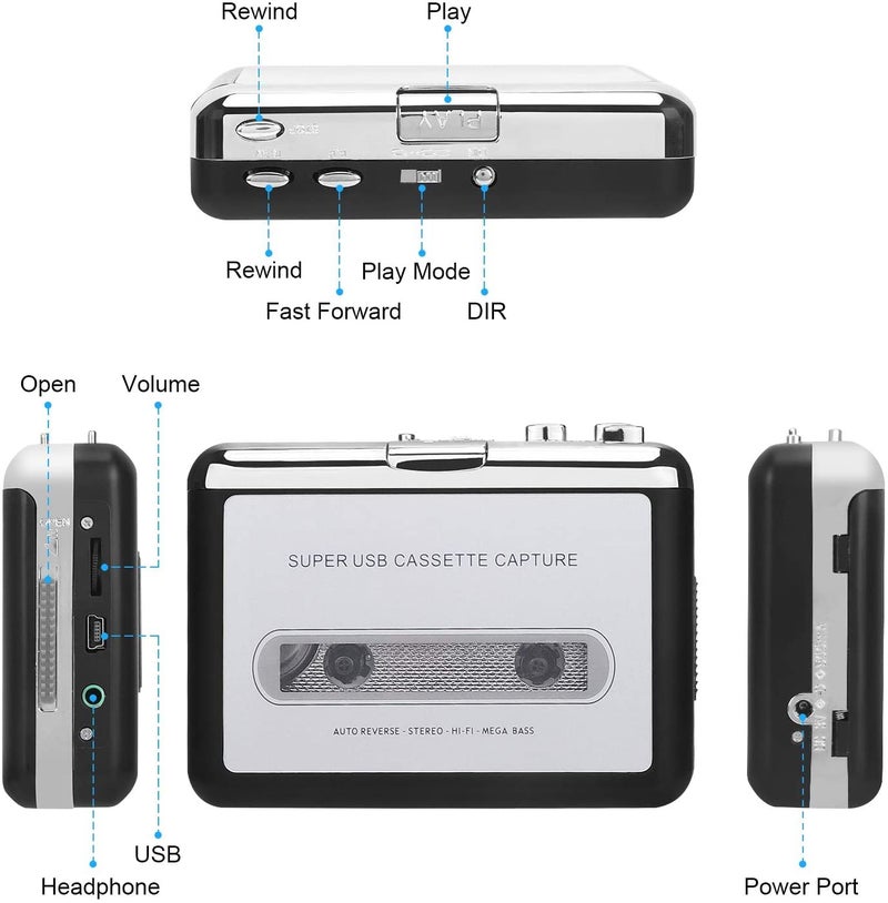 ETZIN إزكاب محول الكاسيت إلى MP3، مشغل كاسيت USB من إتزين من الأشرطة إلى MP3، ملفات رقمية للابتوب والكمبيوتر والماك مع سماعات من الأشرطة إلى MP3-إزكاب-218-EPL-148CA-01. - Image 2