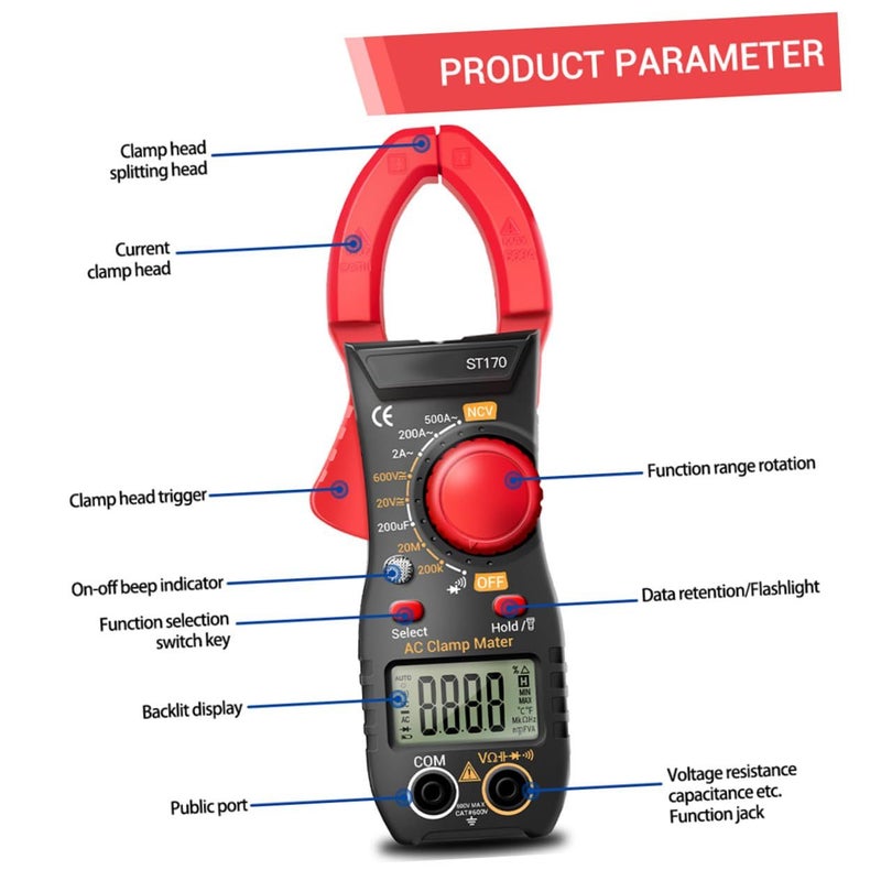 High Precision Digital Clamp Multimeter Ncv Non Contact Voltage Detection Backlight Display Flashlight Compact Electrician Tool For Ac Dc Testing And Electrical Maintenance Red - Image 5
