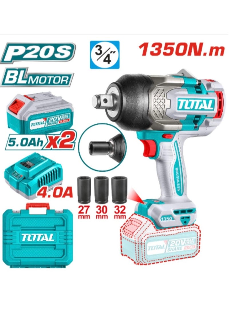 TOTAL Total Cordless Impact Wrench 20V 1350Nm with Brushless Motor, 3/4" Drive, Integrated Work Light, 2 x 5.0Ah Batteries, 3 Sockets & Charger - Heavy Duty for Auto and Industrial Use  - Image 1