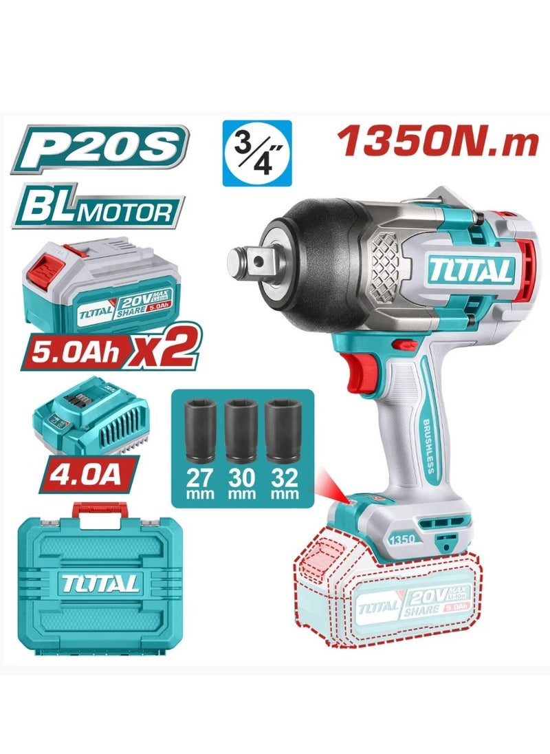 TOTAL Total Cordless Impact Wrench 20V 1350Nm with Brushless Motor, 3/4" Drive, Integrated Work Light, 2 x 5.0Ah Batteries, 3 Sockets & Charger - Heavy Duty for Auto and Industrial Use  - Image 2