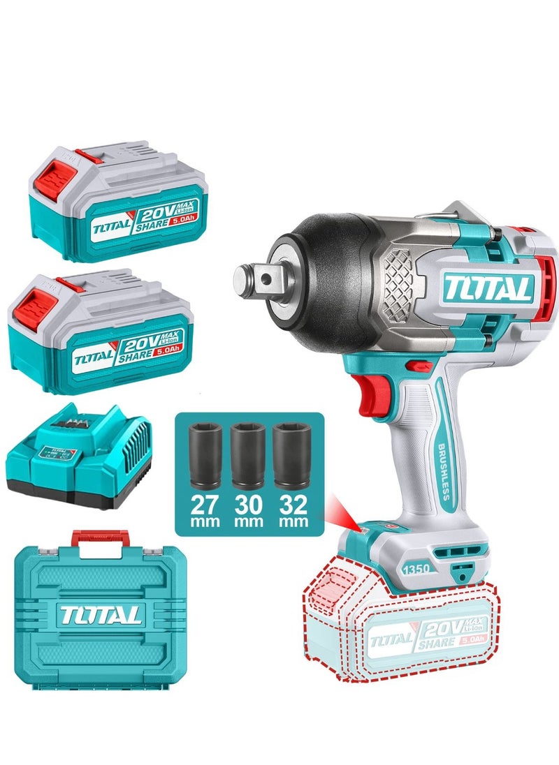 TOTAL Total Cordless Impact Wrench 20V 1350Nm with Brushless Motor, 3/4" Drive, Integrated Work Light, 2 x 5.0Ah Batteries, 3 Sockets & Charger - Heavy Duty for Auto and Industrial Use  - Image 3