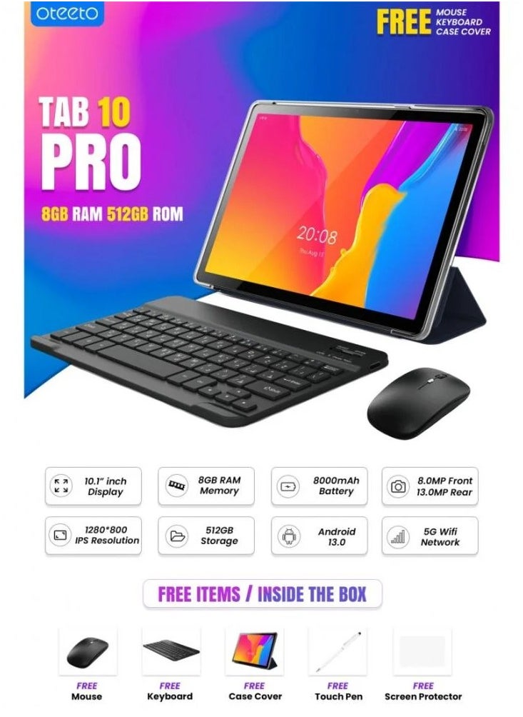 Oteeto 10 Pro 10.1-inch Android Tab; 8GB RAM; 512GB Storage with Mouse, Keyboard, and Tablet Wallet