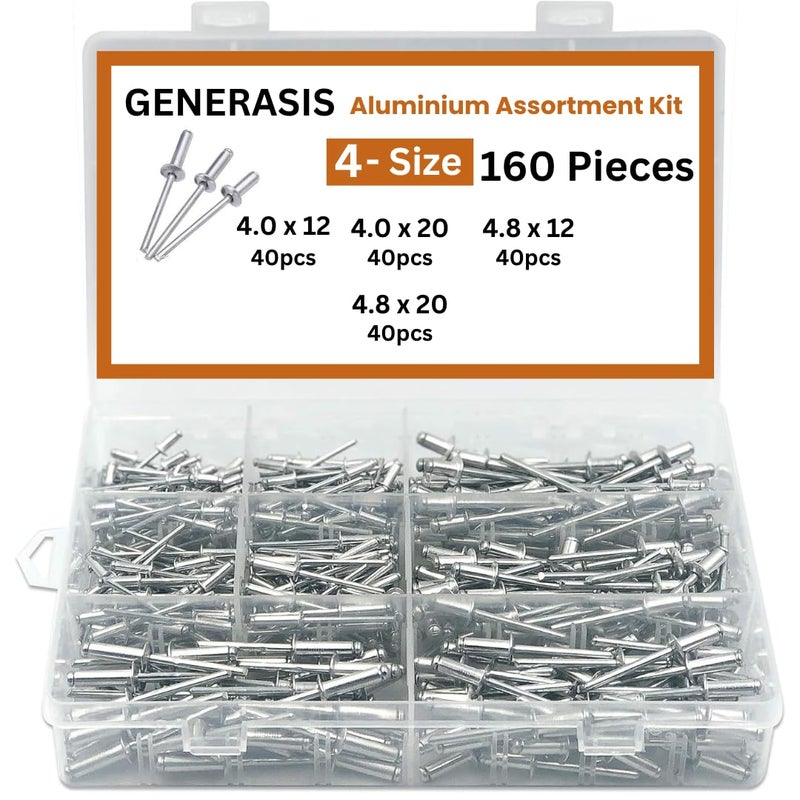 GENERASIS 4 أحجام 160 قطعة | مجموعة مسامير ألومنيوم عمياء | مسامير معدنية POP لآلة التثبيت / ماكينة التثبيت، مجموعة متنوعة (مسامير عمياء - حجم متوسط إلى كبير) - Image 1
