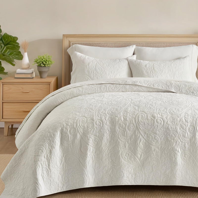 EVERGRACE 100 Cotton Paisley Quilt Set King Size 3 Piece Set  Prewashed Lightweight Bedspread with 2 Shams Soft  Breathable Matelasse Coverlet for AllSeason Comfort Bright White