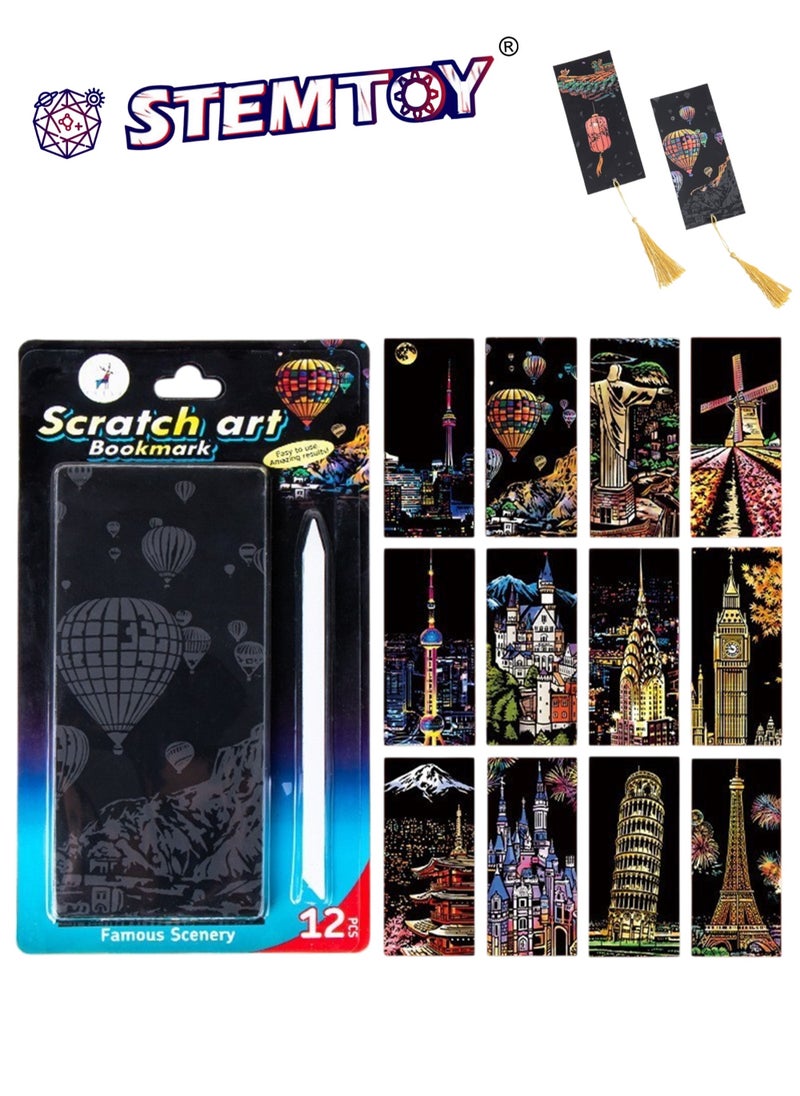 STEMTOY 12-Piece DIY Handmade Scratch Art Bookmark Set with Tools, Scratch Art Craft Kit for Girls, Kids & Adults, Stress Relief Scratching Fun, Colorful Drawing, Creative Durable Bookmarks (World Landscape Theme)  - Image 1
