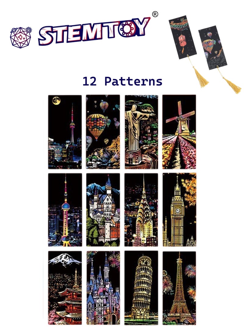 STEMTOY 12-Piece DIY Handmade Scratch Art Bookmark Set with Tools, Scratch Art Craft Kit for Girls, Kids & Adults, Stress Relief Scratching Fun, Colorful Drawing, Creative Durable Bookmarks (World Landscape Theme)  - Image 2