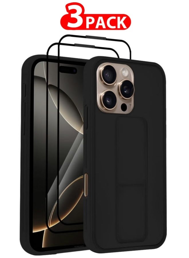 DUSALA 3-Pack Premium PU Leather Case & Screen Protectors for iPhone 16 Pro Max – Shockproof, Anti-Scratch, Stand Function, Finger Grip Case Cover (Black) - Image 1