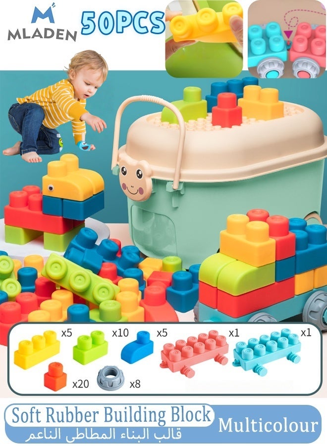 MLADEN 50pcs Soft Rubber Building Block with Storage Box Early Educational Toy Baby Teething Toy, Can Be Boiled And Bitten, and Build a Preschool Education Sensory Stacking Rock,Suitable for Baby 1-3 Years Old Blocks Toy,Montessori Sensory Early Educational Toy for Children - Image 1