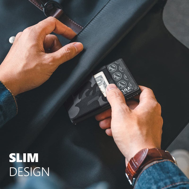 VULKIT محفظة فالكيت مينيماليست مع نافذة هوية وحامل بطاقات قابل للطي بتصميم نحيف مع حماية RFID للأير تاج والنقود والعملات وبطاقات الائتمان - Image 4