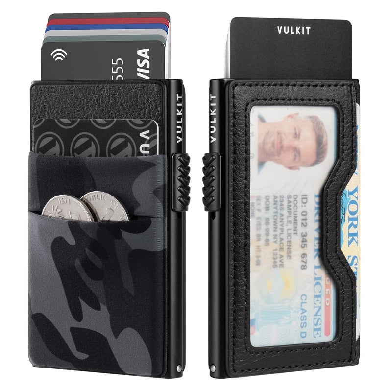 VULKIT محفظة فالكيت مينيماليست مع نافذة هوية وحامل بطاقات قابل للطي بتصميم نحيف مع حماية RFID للأير تاج والنقود والعملات وبطاقات الائتمان - Image 1
