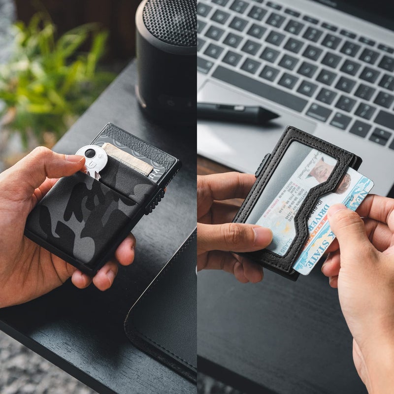 VULKIT محفظة فالكيت مينيماليست مع نافذة هوية وحامل بطاقات قابل للطي بتصميم نحيف مع حماية RFID للأير تاج والنقود والعملات وبطاقات الائتمان - Image 2