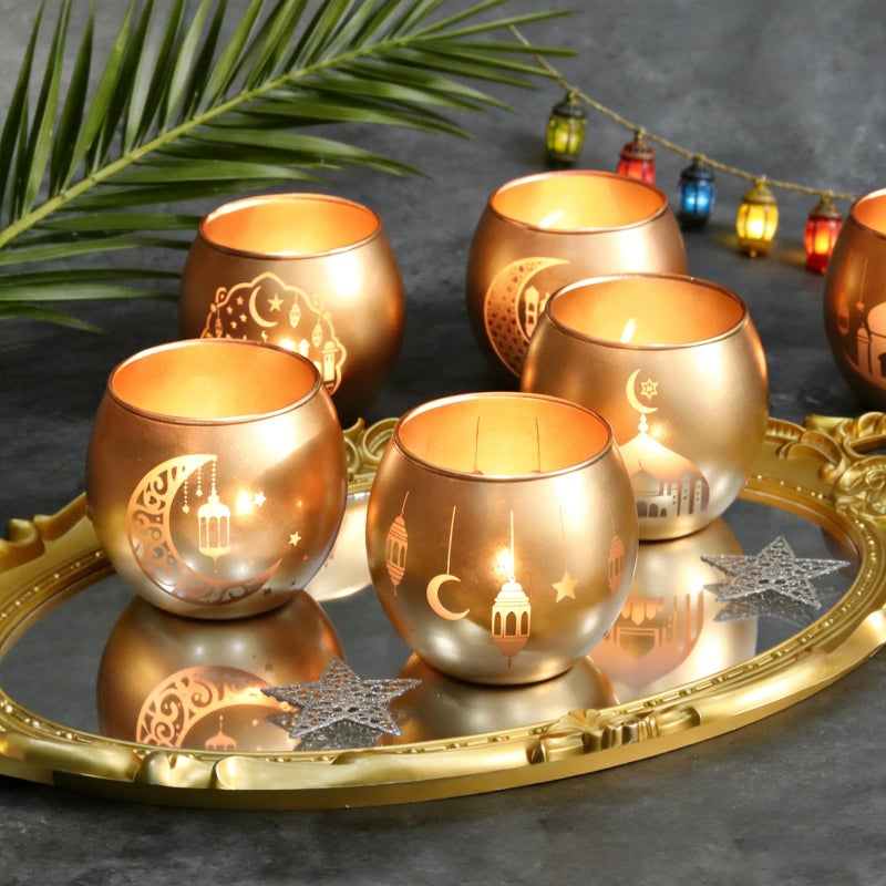 SHMILMH Gold Ramadan Decorations for Home Set of 6, Mosque & Crescent Moon Glass Tealight Candle Holders, Star & Lantern Votive Holders for Ramadan Table Decor, Elegant Eid Mubarak Islamic Gifts - Image 5