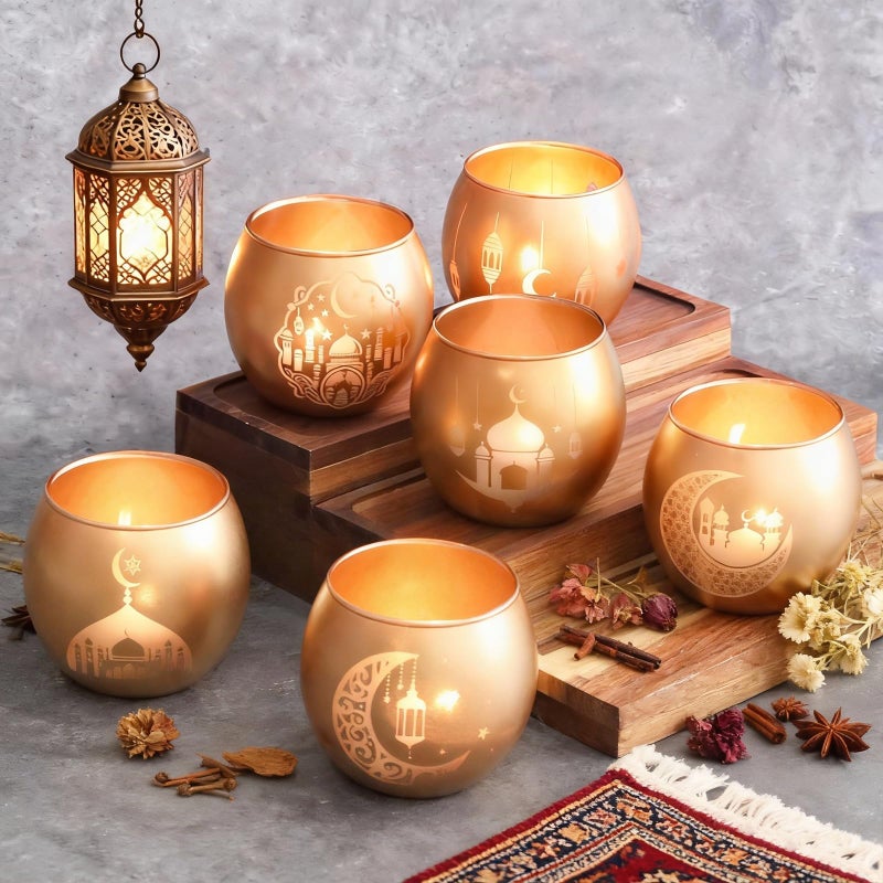 SHMILMH Gold Ramadan Decorations for Home Set of 6, Mosque & Crescent Moon Glass Tealight Candle Holders, Star & Lantern Votive Holders for Ramadan Table Decor, Elegant Eid Mubarak Islamic Gifts - Image 3