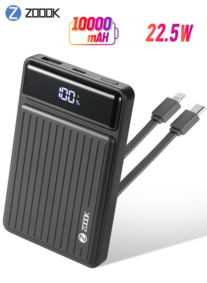 Zoook [4-in-1] 10000mAh Power Bank – 22.5W Fast Charging Slim Portable Battery Pack with Built-in USB-C and Lightning Cables, Type-C Input/Output, USB-A Output, LED Display, Pocket-Sized Travel Charger, External Backup Battery Compatible with iPhone, Samsung, Xiaomi, Huawei, Realme, OPPO, Tablets and More – Compact, Lightweight, Smart Circuit Protection for Safe Charging Anytime, Anywhere - Image 1
