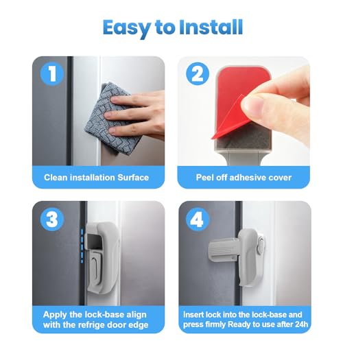 Lwuzkdo 2 Pack Dual Mode Fridge Locks, Upgraded Child Proof Refrigerator Lock with Sticky Adhensive Pads, Durable ABS Freezer Door Latch to Keep Door Closed, No Tools Need or Drill (Grey) - Image 5