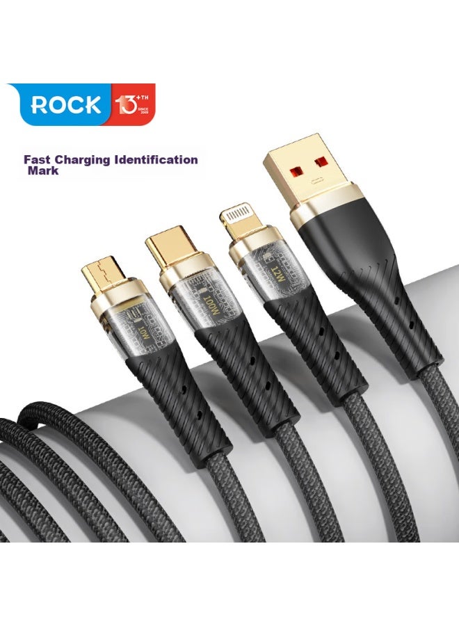 Rock Data Cable Three-in Charging Cable, One-to 100w, For Huawei 6/5a, Apple 16 Pro Max/15/14/13, Honor, Xiaomi, Type-c Android Phones And Tablets - Image 2