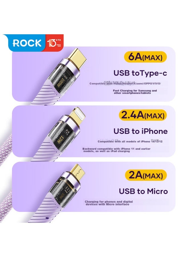 Rock Data Cable Three-in Charging Cable, One-to 100w, For Huawei 6/5a, Apple 16 Pro Max/15/14/13, Honor, Xiaomi, Type-c Android Phones And Tablets - Image 1
