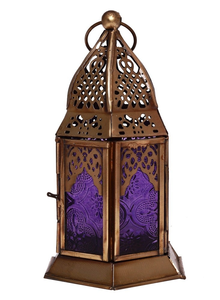 HILALFUL Handmade Decorative Candle Lantern, Small | Suitable for Indoor & Outdoor Décor | Moroccon Arabian Style | For Home Decoration in Ramadan, Eid | Iron | Islamic Gift | Purple Glass - Image 1
