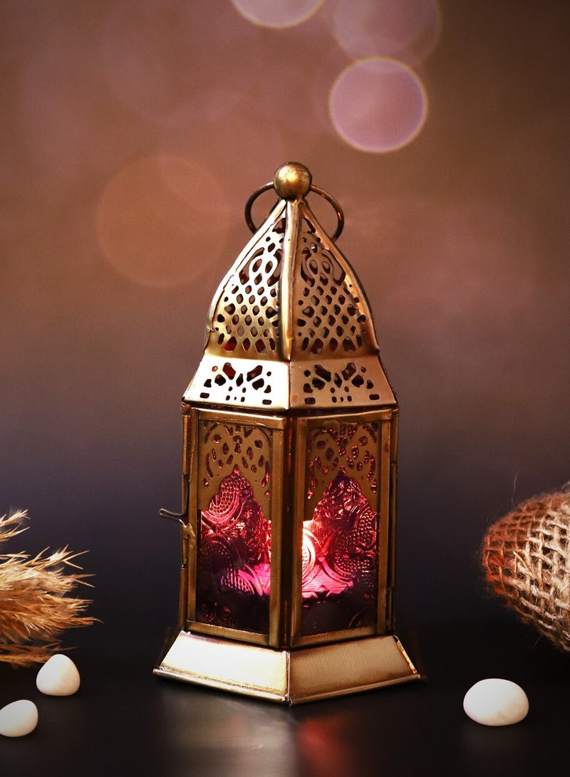 HILALFUL Handmade Decorative Candle Lantern, Small | Suitable for Indoor & Outdoor Décor | Moroccon Arabian Style | For Home Decoration in Ramadan, Eid | Iron | Islamic Gift | Purple Glass - Image 3