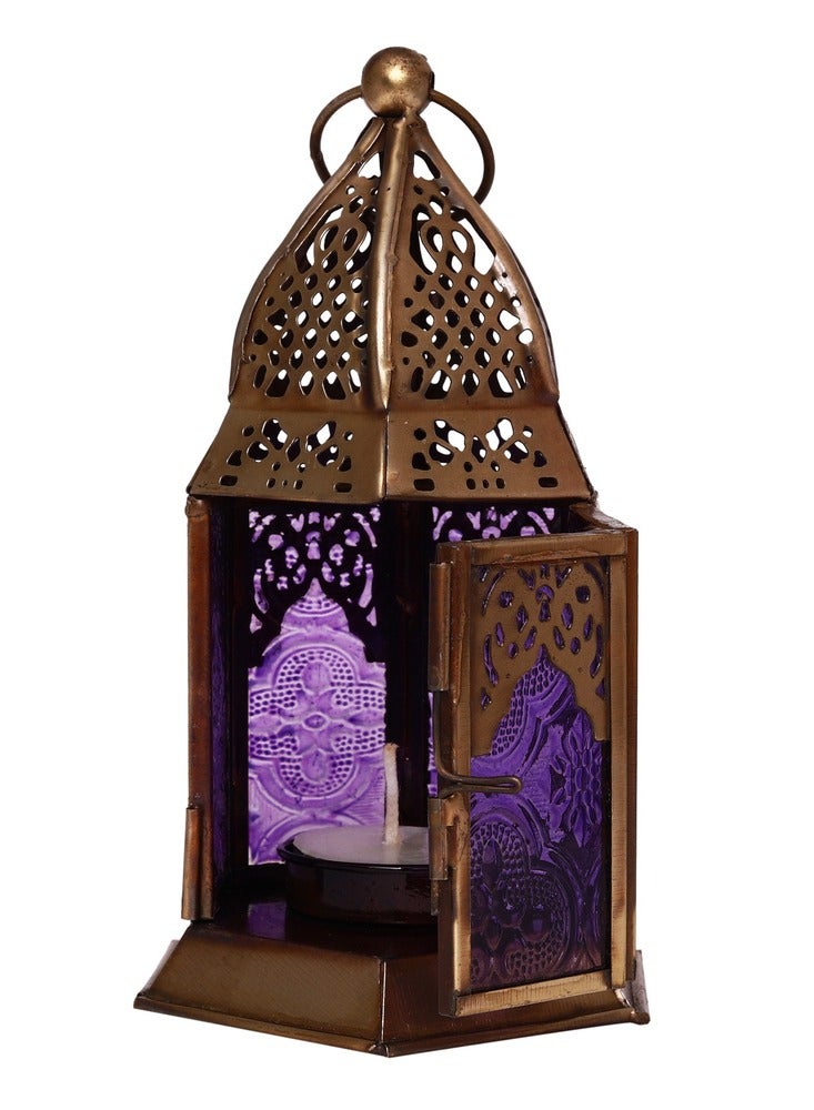 HILALFUL Handmade Decorative Candle Lantern, Small | Suitable for Indoor & Outdoor Décor | Moroccon Arabian Style | For Home Decoration in Ramadan, Eid | Iron | Islamic Gift | Purple Glass - Image 2