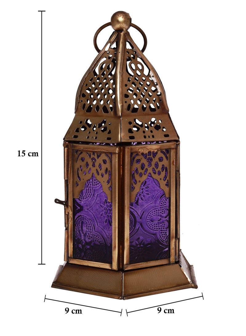 HILALFUL Handmade Decorative Candle Lantern, Small | Suitable for Indoor & Outdoor Décor | Moroccon Arabian Style | For Home Decoration in Ramadan, Eid | Iron | Islamic Gift | Purple Glass - Image 4