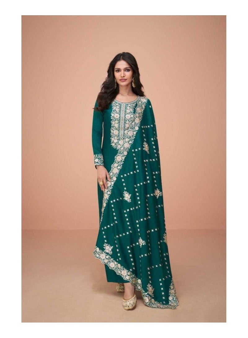 Grab Mantra Premium Silk Green Salwar Kameez With Inner Having Thread Embroidery Plus Dupatta  - Image 1