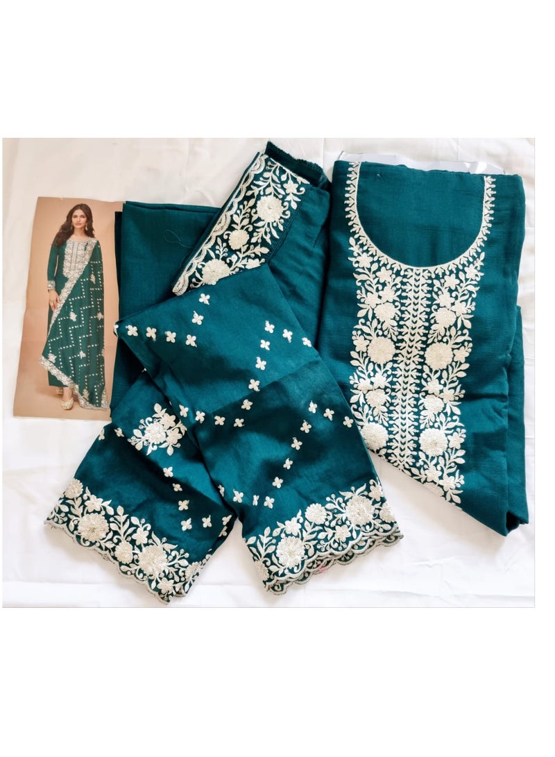 Grab Mantra Premium Silk Green Salwar Kameez With Inner Having Thread Embroidery Plus Dupatta  - Image 2
