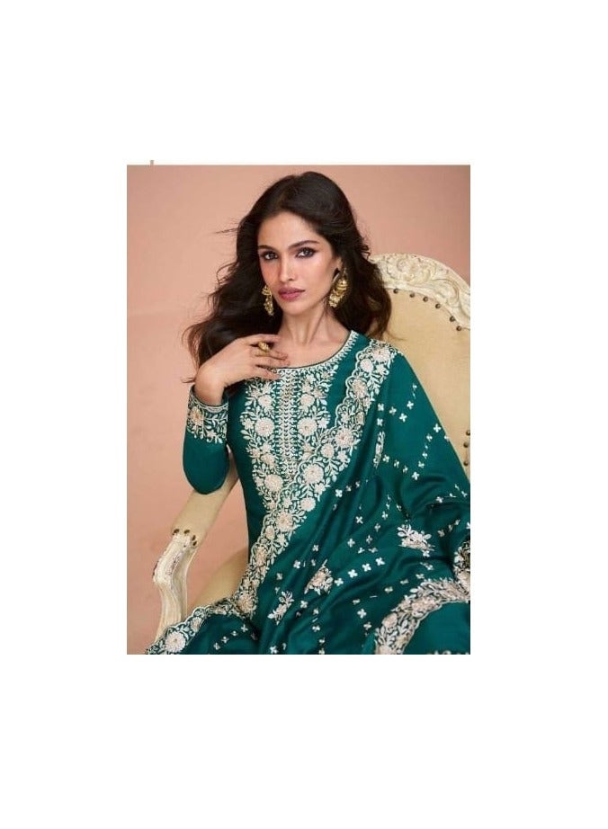 Grab Mantra Premium Silk Green Salwar Kameez With Inner Having Thread Embroidery Plus Dupatta  - Image 3