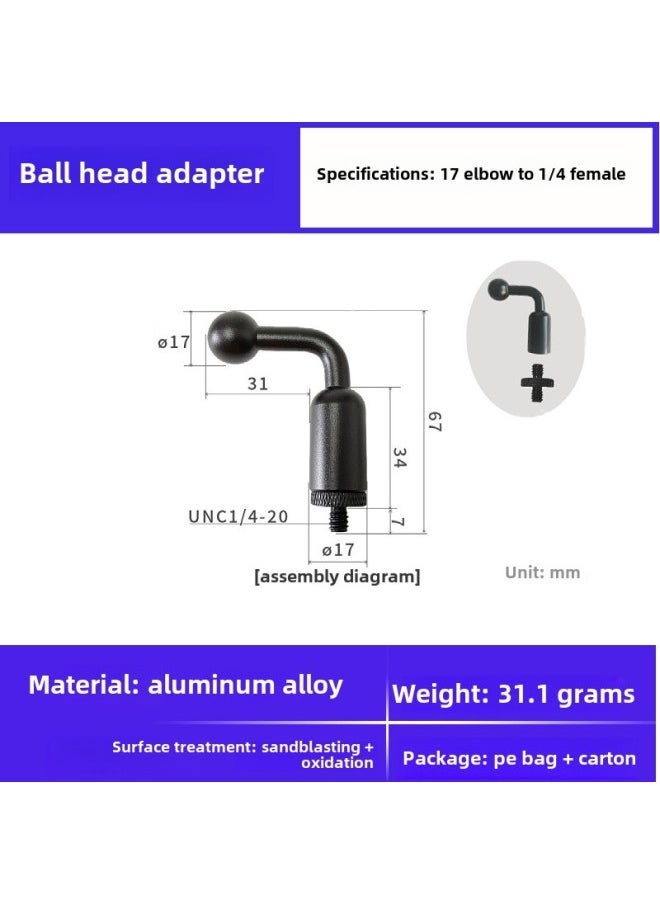 13 15/17/20/25 Aluminum Alloy 1/4 Screw Ball Head Mobile Phone Bracket Modified Live Photography Bracket Accessories-Color:17 Elbow To 1/4 Male - Image 1