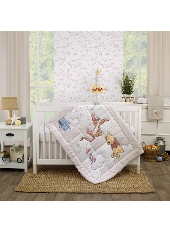 NoJo Disney Winnie The Pooh - Blustery Day Grey and White Clouds with Piglet, Tigger and Eeyore 3 Piece Nursery Crib Bedding Set - Comforter, Fitted Crib Sheet and Crib Skirt  - Image 1