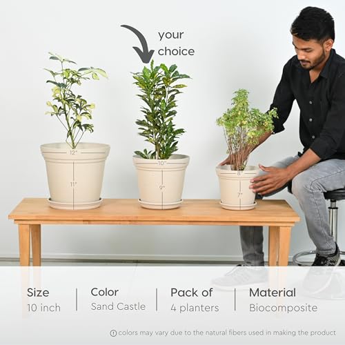 Eha Set of 4 Earth-Friendly Aura 10 Inch pots and Planters | Bamboo Based | UV Protected | for Indoor, Home Decor, Outdoor, Balcony & Garden | Sandcastle - Image 2