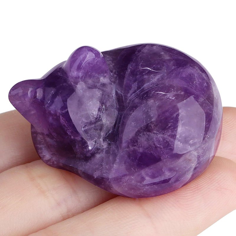 LAIDANLA Amethyst Cat Healing Crystals Figurine Sleeping Cat Hand Carved Cute Statue Polished Stone Sculpture Reiki Office Room Bedroom Desk Home Decoration Gifts 1.6" - Image 1