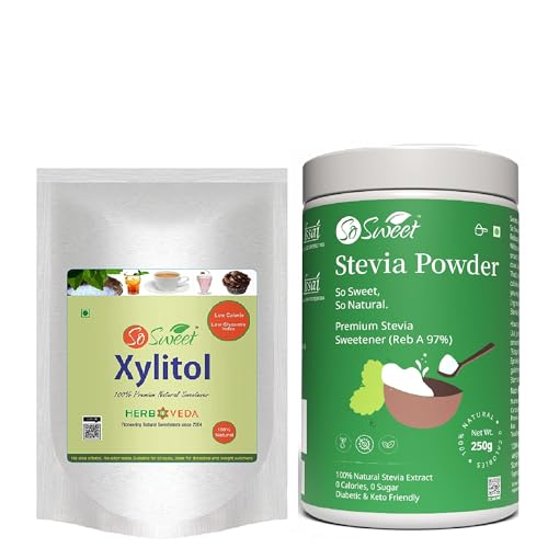 So Sweet Stevia Powder & Xylitol Sugar-Free Natural Zero-Calorie Sweetener, 250g Each, Diabetic-Friendly, Ideal for Baking, Cooking, and Sweetening Beverages (Pack of 1) - Image 1