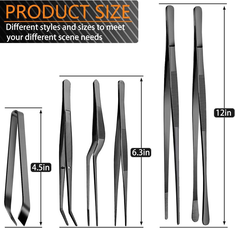 JETKONG 6 Pcs Cooking Tweezer Tongs, 12'' and 6.3" Stainless Steel Kitchen Tweezer Set, Professional Chef Tweezers for Cooking, Repairing, Sea Food, BBQ, Multi-use (Black) - Image 3
