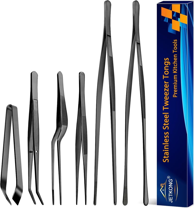 JETKONG 6 Pcs Cooking Tweezer Tongs, 12'' and 6.3" Stainless Steel Kitchen Tweezer Set, Professional Chef Tweezers for Cooking, Repairing, Sea Food, BBQ, Multi-use (Black) - Image 1