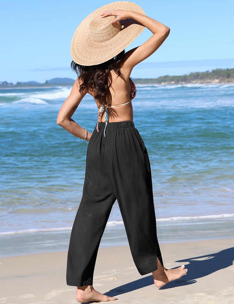TARSE Women's Linen Harem Pants Casual Loose Drawstring Elastic Waist Summer Beach Travel Vacation with Pockets(Black,L) - Image 4