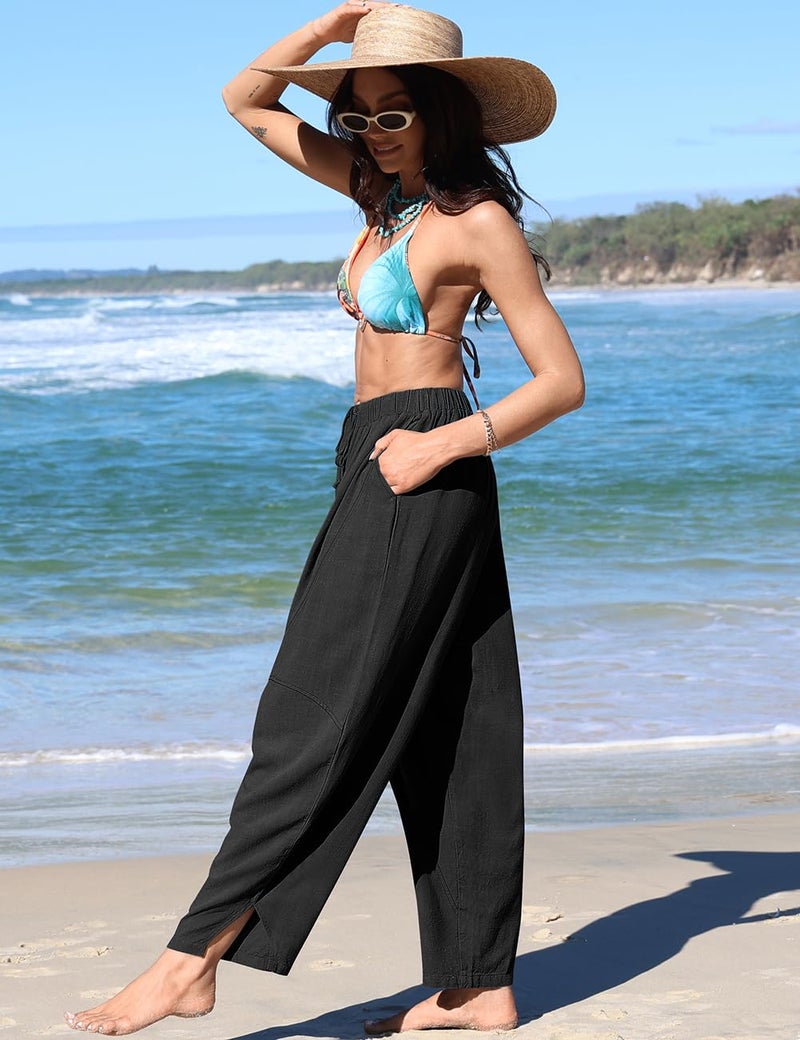 TARSE Women's Linen Harem Pants Casual Loose Drawstring Elastic Waist Summer Beach Travel Vacation with Pockets(Black,L) - Image 3