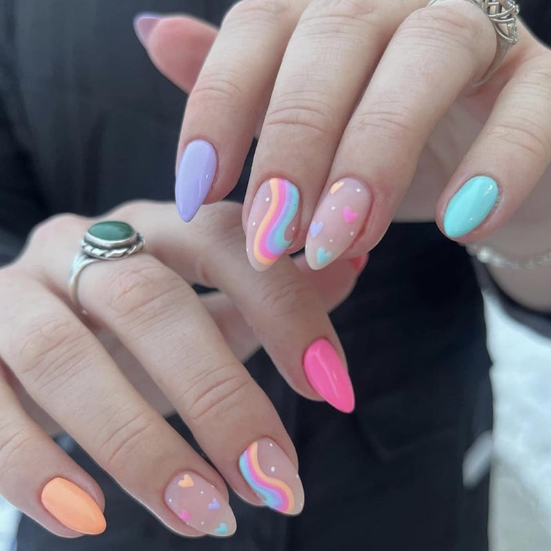 False Nails Medium Length French Stick on Nails 24pcs Almond Pink Press On Nail with Glue Elegant Ballet Heart Design Sweet Fake Nails for Women Girls DIY