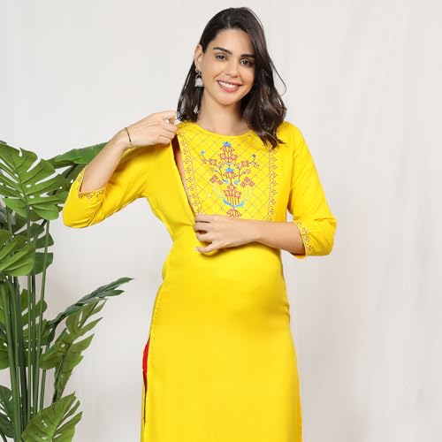 MomToBe Wome's Rayon A-line Maternity Kurti/Pregnancy Dress/Easy Breastfeeding Kurta with Zippers/Maternity Dress with Zippers for Nursing Pre and Post Pregnancy (Sunflower Yellow ; L) - Image 5