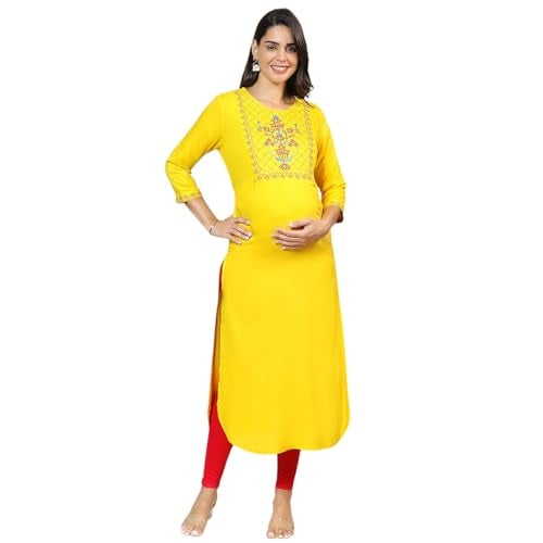 MomToBe Wome's Rayon A-line Maternity Kurti/Pregnancy Dress/Easy Breastfeeding Kurta with Zippers/Maternity Dress with Zippers for Nursing Pre and Post Pregnancy (Sunflower Yellow ; L) - Image 1