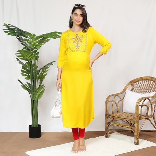 MomToBe Wome's Rayon A-line Maternity Kurti/Pregnancy Dress/Easy Breastfeeding Kurta with Zippers/Maternity Dress with Zippers for Nursing Pre and Post Pregnancy (Sunflower Yellow ; L) - Image 2